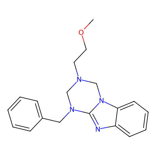 1-benzyl-3-(2-methoxyethyl)-1,2,3,4-tetrahydro[1,3,5]triazino[1,2-a]benzimidazole structure