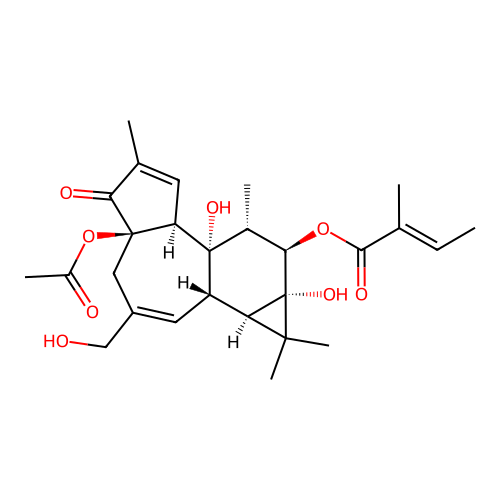 2-Butenoic acid, 2-methyl-, (E)-, monoester with(1aR-(1aalpha,1bbeta,4abeta,7aalpha,7balpha,8alpha,9beta,9aalpha))-1,1a,1b,4,4a,7a,7b,8,9,9a-decahydro-4a,7b,9,9a-tetrahydroxy-3-     (hydroxymethyl)-1,1,6,8-tetramethyl-5H-cyclopropa(3,4)benz(1,2-e)azulen-5-one monoacetate structure