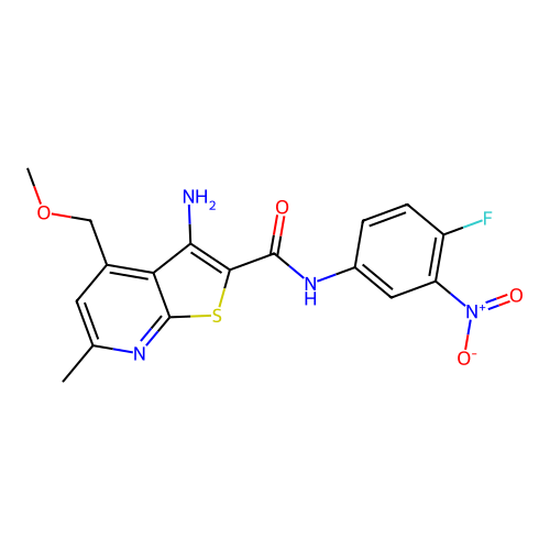 3-amino-N-(4-fluoro-3-nitrophenyl)-4-(methoxymethyl)-6-methylthieno[2,3-b]pyridine-2-carboxamide structure