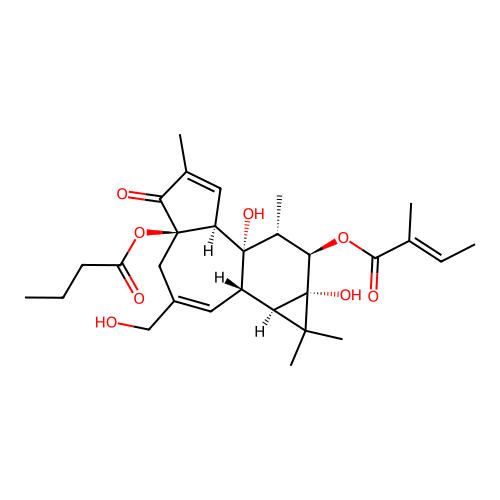 2-Butenoic acid, 2-methyl-, (E)-, monoester with (1aR-(1aalpha,1bbeta,4abeta,7aalpha,7balpha,8aalpha,9beta,9aalpha))-1,1a,1b,4,4a,7a,7b,8,9,9a-decahydro-4a,7b,9,9a-tetrahydroxy-3-(hydroxymethyl)-1,1,6,8-tetramethyl-5H-cyclopropa(3,4)benz(1,2-e)azulen-5-one monobutanoate structure