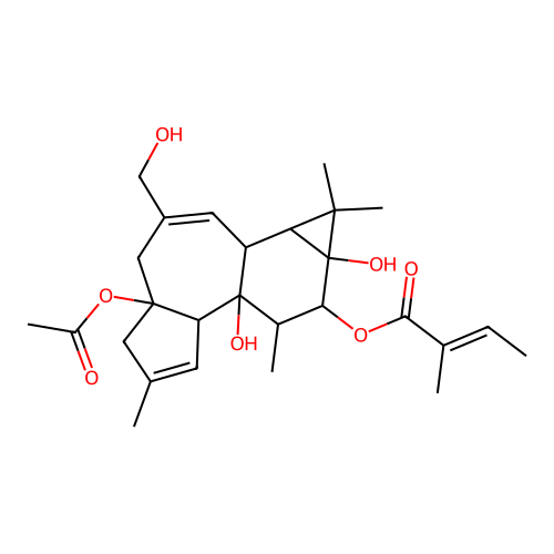 2-Butenoic acid, 2-methyl-, (E)-, monoester with (1aR-(1aalpha,1bbeta,4abeta,7aalpha,7balpha,8alpha,9beta,9aalpha))-1b,4,5,7a,8,9-hexahydro-3-(hydroxymethyl)-1,1,6,8-tetramethyl-1H-cyclopropa(3,4)benz(1,2-e)azulene-4a,7b,9,9a(1aH)-tetrol monoacetate structure