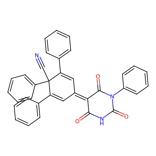 1,2,6-triphenyl-4-(2,4,6-trioxo-1-phenyl-1,3-diazinan-5-ylidene)cyclohexa-2,5-diene-1-carbonitrile structure