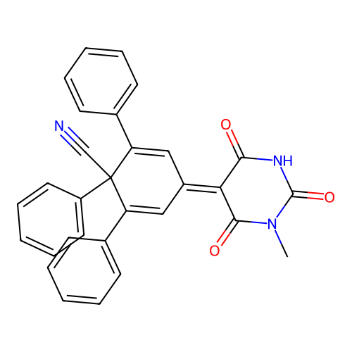 4-(1-methyl-2,4,6-trioxo-1,3-diazinan-5-ylidene)-1,2,6-triphenylcyclohexa-2,5-diene-1-carbonitrile structure