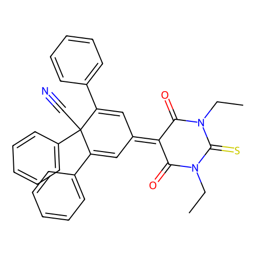 4-(1,3-diethyl-4,6-dioxo-2-sulfanylidene-1,3-diazinan-5-ylidene)-1,2,6-triphenylcyclohexa-2,5-diene-1-carbonitrile structure