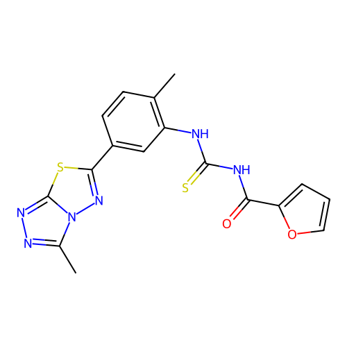 N-((2-methyl-5-(3-methyl-[1,2,4]triazolo[3,4-b][1,3,4]thiadiazol-6-yl)phenyl)carbamothioyl)furan-2-carboxamide structure