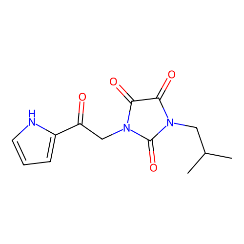 1-(2-methylpropyl)-3-[2-oxo-2-(1H-pyrrol-2-yl)ethyl]imidazolidine-2,4,5-trione structure