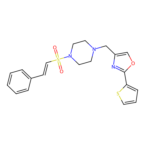 1-(2-phenylethenesulfonyl)-4-{[2-(thiophen-2-yl)-1,3-oxazol-4-yl]methyl}piperazine structure