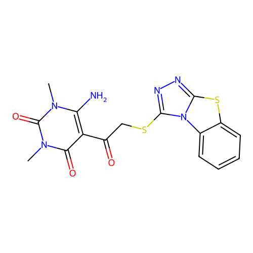 6-amino-1,3-dimethyl-5-(2-{7-thia-2,4,5-triazatricyclo[6.4.0.0^{2,6}]dodeca-1(8),3,5,9,11-pentaen-3-ylsulfanyl}acetyl)-1,2,3,4-tetrahydropyrimidine-2,4-dione structure