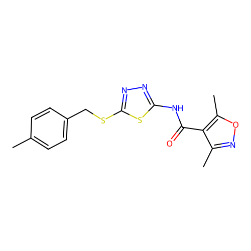 3,5-dimethyl-N-(5-{[(4-methylphenyl)methyl]sulfanyl}-1,3,4-thiadiazol-2-yl)-1,2-oxazole-4-carboxamide structure