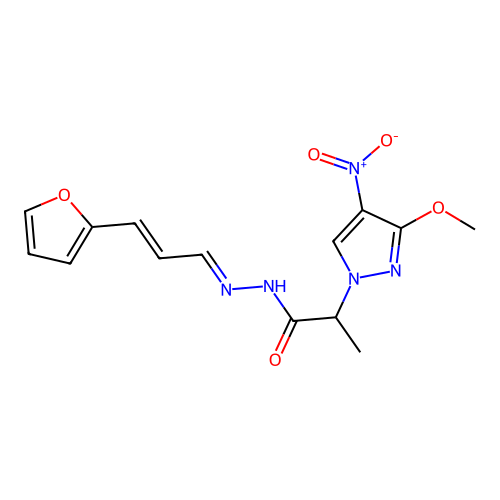 N'-[3-(2-furyl)-2-propenylidene]-2-{4-nitro-3-methoxy-1H-pyrazol-1-yl}propanohydrazide structure