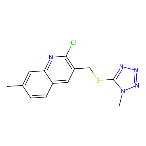 2-chloro-7-methyl-3-{[(1-methyl-1H-1,2,3,4-tetrazol-5-yl)sulfanyl]methyl}quinoline structure