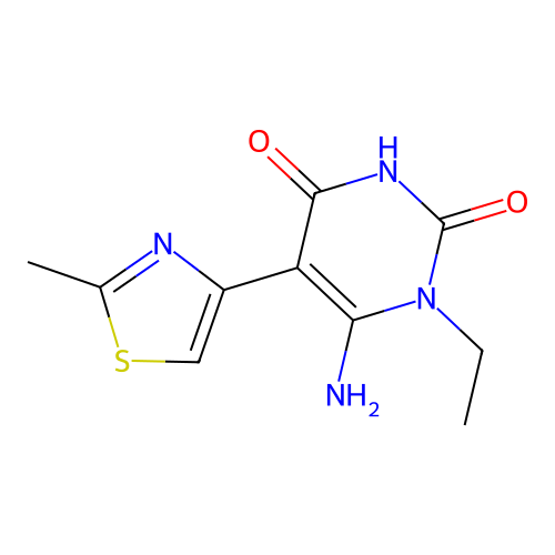 6-amino-1-ethyl-5-(2-methyl-1,3-thiazol-4-yl)-1,2,3,4-tetrahydropyrimidine-2,4-dione structure