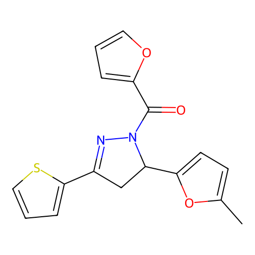 1-(2-furoyl)-5-(5-methyl-2-furyl)-3-(2-thienyl)-4,5-dihydro-1H-pyrazole structure
