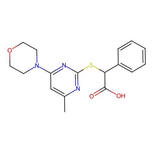 Benzeneacetic acid, alpha-((4-methyl-6-(4-morpholinyl)-2-pyrimidinyl)thio)- structure