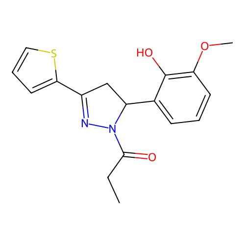1-[3-(2-hydroxy-3-methoxyphenyl)-5-thiophen-2-yl-3,4-dihydropyrazol-2-yl]propan-1-one structure