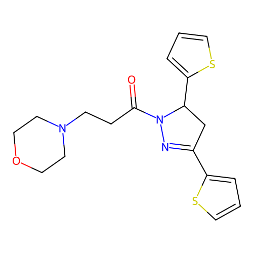 1-(3,5-di(thiophen-2-yl)-4,5-dihydro-1H-pyrazol-1-yl)-3-morpholinopropan-1-one structure