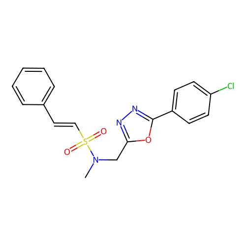 N-{[5-(4-chlorophenyl)-1,3,4-oxadiazol-2-yl]methyl}-N-methyl-2-phenylethene-1-sulfonamide structure