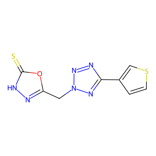 5-{[5-(thiophen-3-yl)-2H-1,2,3,4-tetrazol-2-yl]methyl}-1,3,4-oxadiazole-2-thiol structure