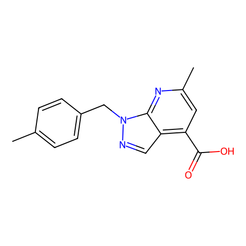 6-methyl-1-[(4-methylphenyl)methyl]-1H-pyrazolo[3,4-b]pyridine-4-carboxylic acid structure