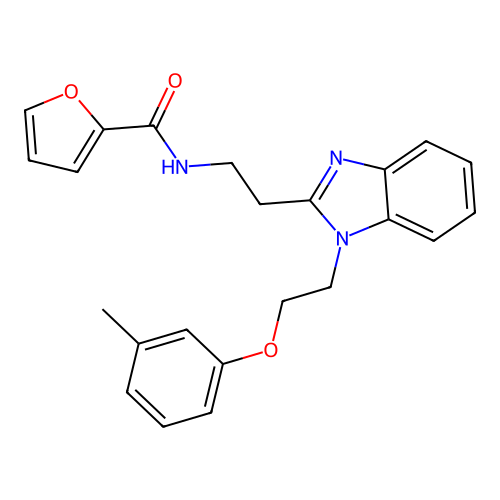 N-[2-[1-[2-(3-methylphenoxy)ethyl]benzimidazol-2-yl]ethyl]furan-2-carboxamide structure
