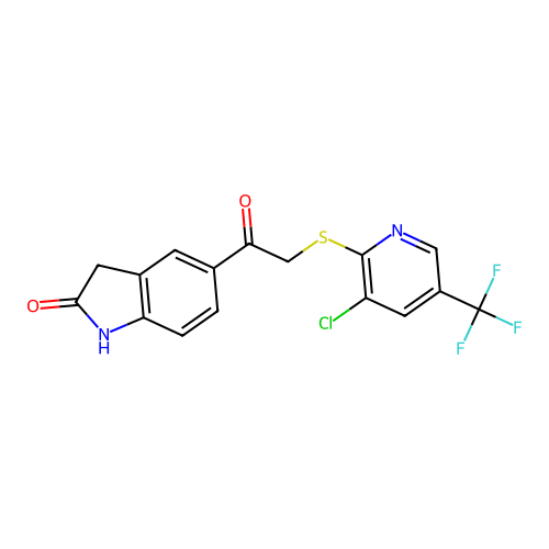 5-({[3-Chloro-5-(trifluoromethyl)pyridin-2-yl]sulfanyl}acetyl)-1,3-dihydro-2H-indol-2-one structure