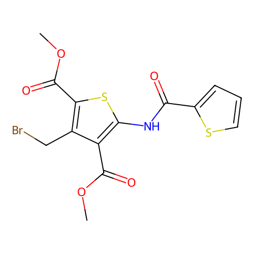 2,4-dimethyl 3-(bromomethyl)-5-(thiophene-2-amido)thiophene-2,4-dicarboxylate structure
