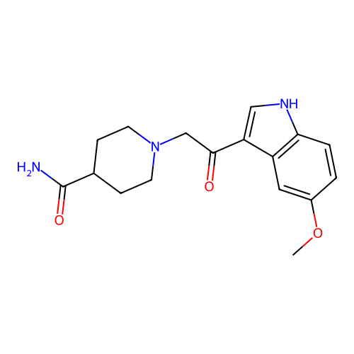 1-[2-(5-methoxy-1H-indol-3-yl)-2-oxoethyl]piperidine-4-carboxamide structure