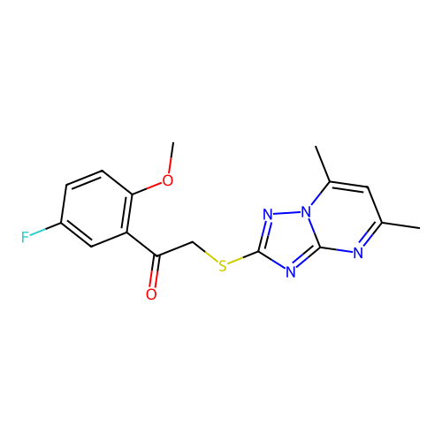 2-((5,7-Dimethyl-[1,2,4]triazolo[1,5-a]pyrimidin-2-yl)thio)-1-(5-fluoro-2-methoxyphenyl)ethan-1-one structure