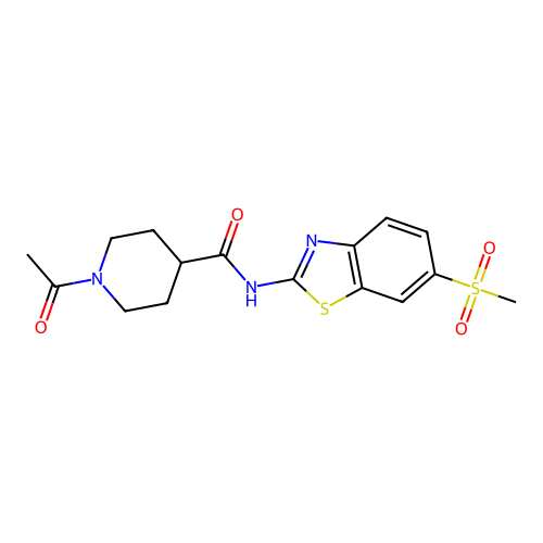 1-acetyl-N-(6-methylsulfonyl-1,3-benzothiazol-2-yl)piperidine-4-carboxamide structure