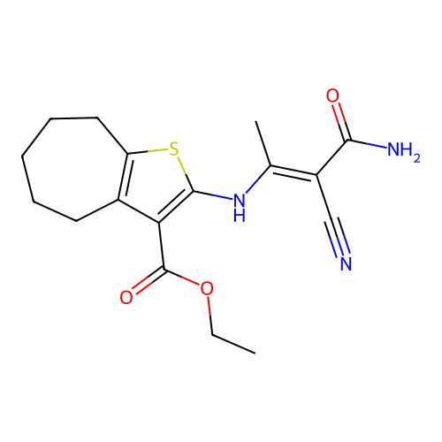 ethyl 2-[(1-carbamoyl-1-cyanoprop-1-en-2-yl)amino]-4H,5H,6H,7H,8H-cyclohepta[b]thiophene-3-carboxylate structure