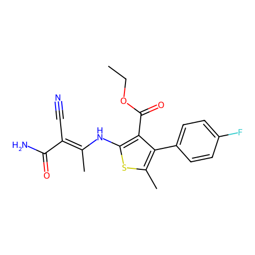 ethyl 2-[(1-carbamoyl-1-cyanoprop-1-en-2-yl)amino]-4-(4-fluorophenyl)-5-methylthiophene-3-carboxylate structure