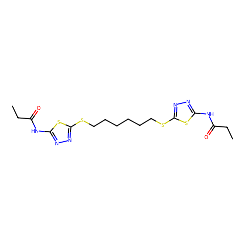 N-[5-[6-[[5-(propanoylamino)-1,3,4-thiadiazol-2-yl]sulfanyl]hexylsulfanyl]-1,3,4-thiadiazol-2-yl]propanamide structure