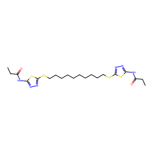 N,N'-[Decane-1,10-diylbis(sulfanediyl-1,3,4-thiadiazole-5,2-diyl)]dipropanamide structure