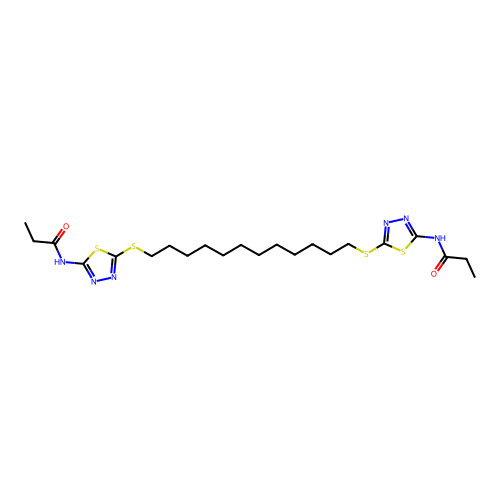 N,N'-[Dodecane-1,12-diylbis(sulfanediyl-1,3,4-thiadiazole-5,2-diyl)]dipropanamide structure