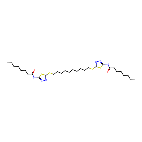 N,N'-[Decane-1,10-diylbis(sulfanediyl-1,3,4-thiadiazole-5,2-diyl)]dioctanamide structure