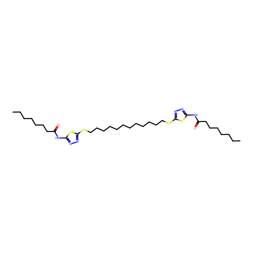N,N'-[Dodecane-1,12-diylbis(sulfanediyl-1,3,4-thiadiazole-5,2-diyl)]dioctanamide structure