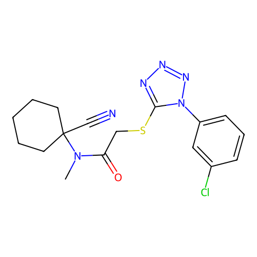 2-[1-(3-chlorophenyl)tetrazol-5-yl]sulfanyl-N-(1-cyanocyclohexyl)-N-methylacetamide structure