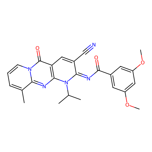 (E)-N-(3-cyano-1-isopropyl-10-methyl-5-oxo-1H-dipyrido[1,2-a:2',3'-d]pyrimidin-2(5H)-ylidene)-3,5-dimethoxybenzamide structure