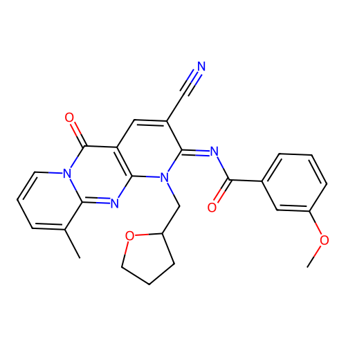 (E)-N-(3-cyano-10-methyl-5-oxo-1-((tetrahydrofuran-2-yl)methyl)-1H-dipyrido[1,2-a:2',3'-d]pyrimidin-2(5H)-ylidene)-3-methoxybenzamide structure