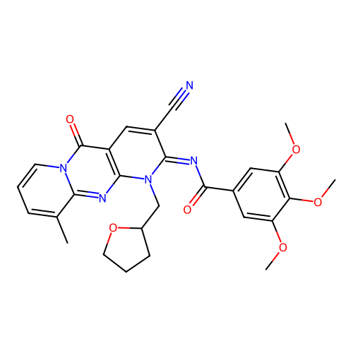 (E)-N-(3-cyano-10-methyl-5-oxo-1-((tetrahydrofuran-2-yl)methyl)-1H-dipyrido[1,2-a:2',3'-d]pyrimidin-2(5H)-ylidene)-3,4,5-trimethoxybenzamide structure