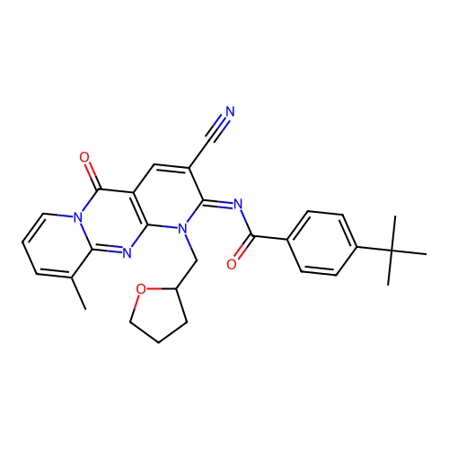 4-tert-butyl-N-[(2E)-3-cyano-10-methyl-5-oxo-1-(tetrahydrofuran-2-ylmethyl)-1,5-dihydro-2H-dipyrido[1,2-a:2',3'-d]pyrimidin-2-ylidene]benzamide structure