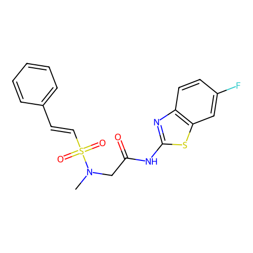 N-(6-fluoro-1,3-benzothiazol-2-yl)-2-(N-methyl-2-phenylethenesulfonamido)acetamide structure