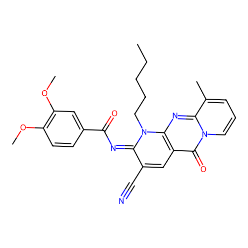 (E)-N-(3-cyano-10-methyl-5-oxo-1-pentyl-1H-dipyrido[1,2-a:2',3'-d]pyrimidin-2(5H)-ylidene)-3,4-dimethoxybenzamide structure