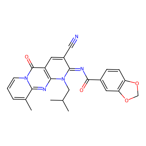 (E)-N-(3-cyano-1-isobutyl-10-methyl-5-oxo-1H-dipyrido[1,2-a:2',3'-d]pyrimidin-2(5H)-ylidene)benzo[d][1,3]dioxole-5-carboxamide structure
