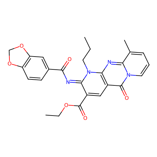 (Z)-ethyl 2-((benzo[d][1,3]dioxole-5-carbonyl)imino)-10-methyl-5-oxo-1-propyl-2,5-dihydro-1H-dipyrido[1,2-a:2',3'-d]pyrimidine-3-carboxylate structure