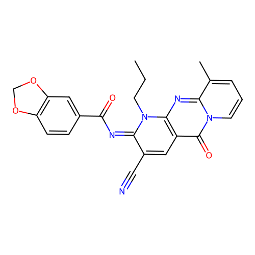 (E)-N-(3-cyano-10-methyl-5-oxo-1-propyl-1H-dipyrido[1,2-a:2',3'-d]pyrimidin-2(5H)-ylidene)benzo[d][1,3]dioxole-5-carboxamide structure