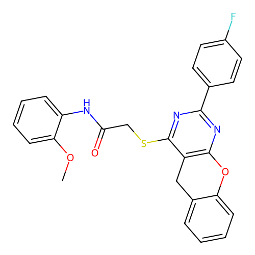 2-{[2-(4-fluorophenyl)-5H-chromeno[2,3-d]pyrimidin-4-yl]sulfanyl}-N-(2-methoxyphenyl)acetamide structure