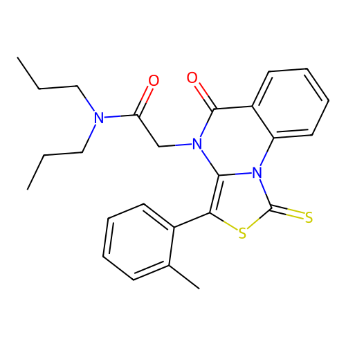 2-[3-(2-methylphenyl)-5-oxo-1-sulfanylidene-1H,4H,5H-[1,3]thiazolo[3,4-a]quinazolin-4-yl]-N,N-dipropylacetamide structure