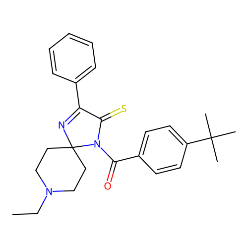 1-(4-tert-butylbenzoyl)-8-ethyl-3-phenyl-1,4,8-triazaspiro[4.5]dec-3-ene-2-thione structure