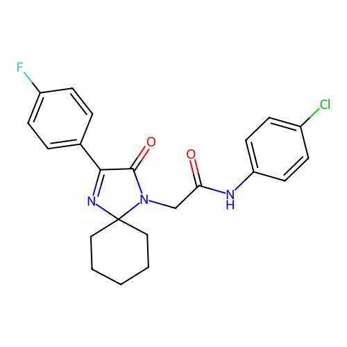n-(4-chlorophenyl)-2-[3-(4-fluorophenyl)-2-oxo-1,4-diazaspiro[4.5]dec-3-en-1-yl]acetamide structure